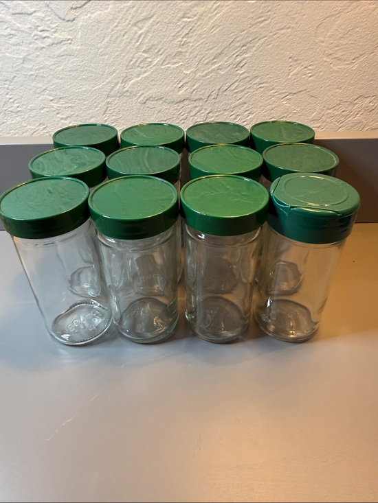 Vintage Other - Set of 12 Vintage Glass Round Spice Jars W/ Green Lids, Approximately 4.5” Tall